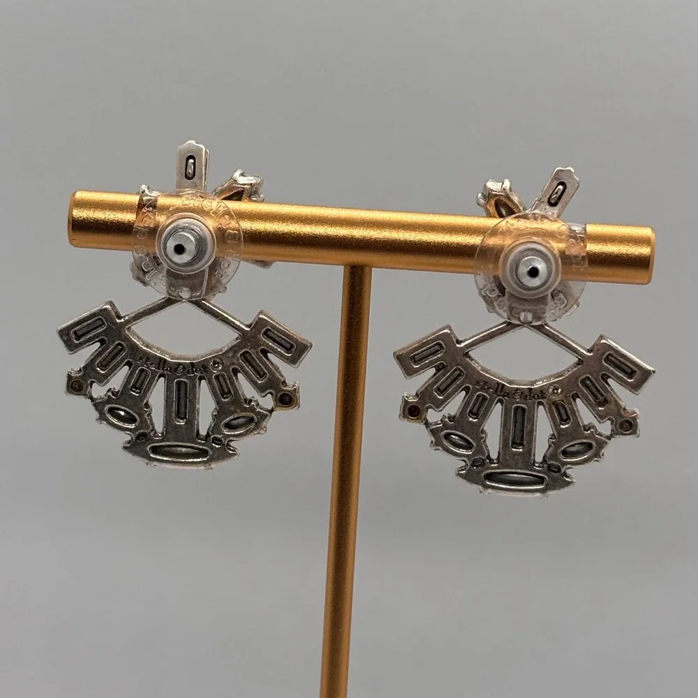 Stella Dot Earrings Fan Shape Crystal Statement Silver‎ Tone Studs Sparkle